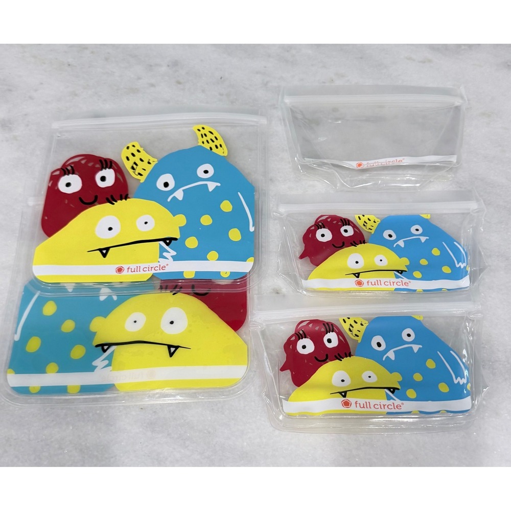 Full Circle Reusable Storage Bag Set 5pc Monster Graphics Clear Eco Friendly